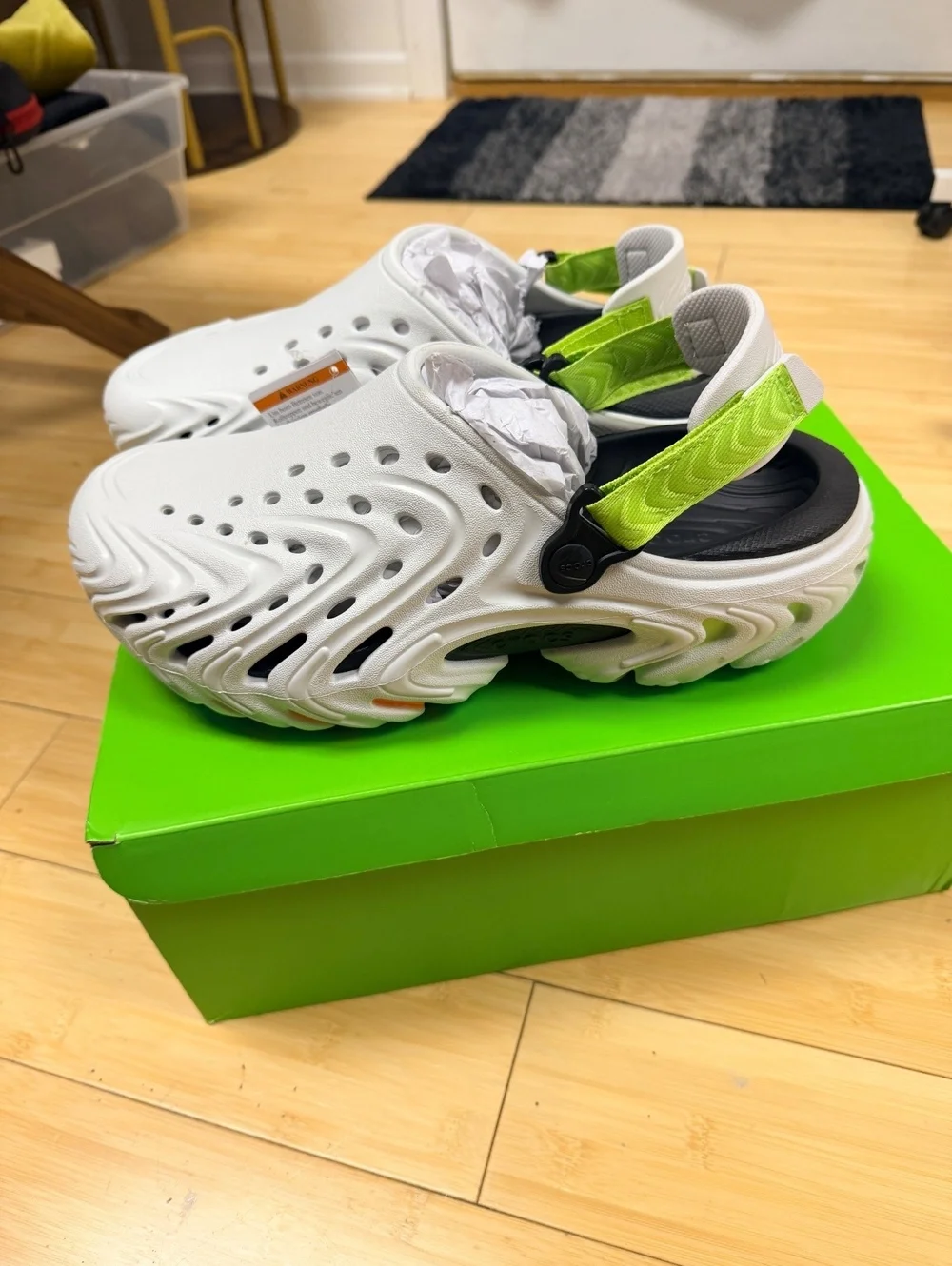 Crocs Men's White and Neon Green Classic Clog Sandals Size 10